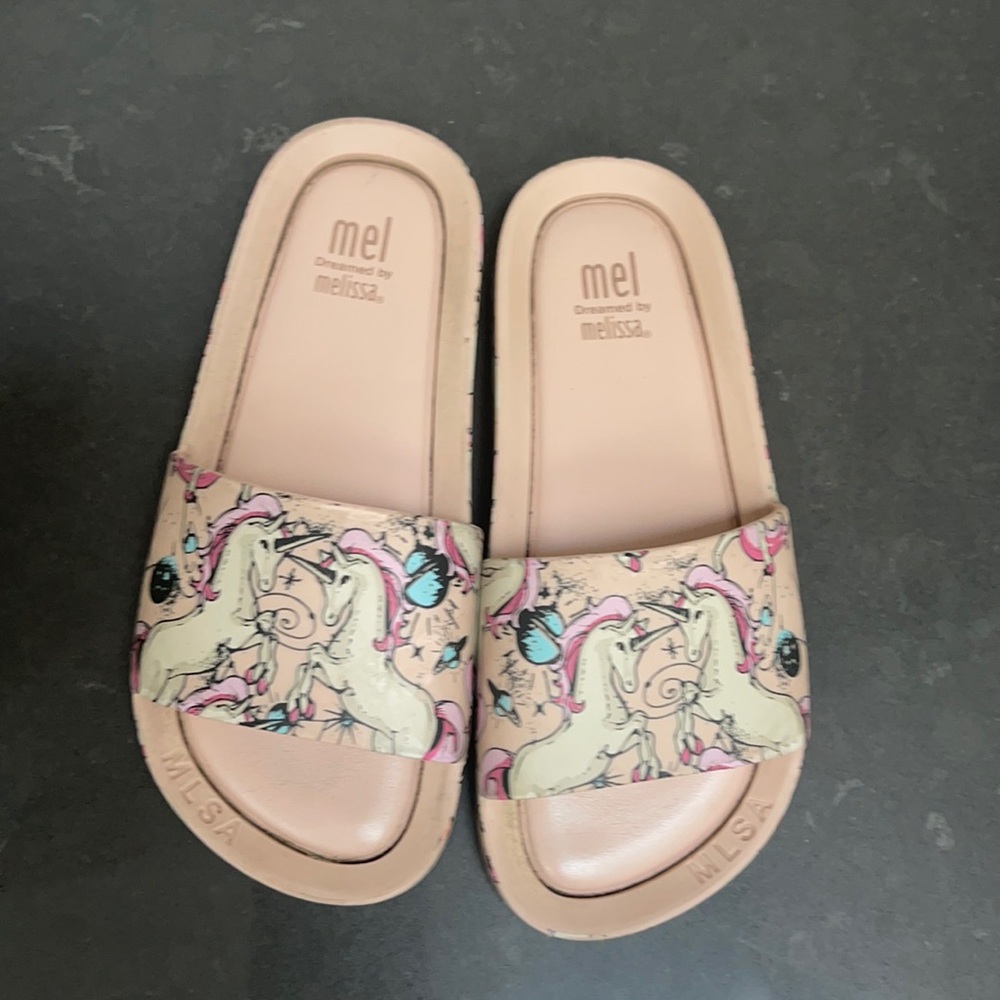 Mel by Melissa  slides/sandals.Pink w/unicorns.